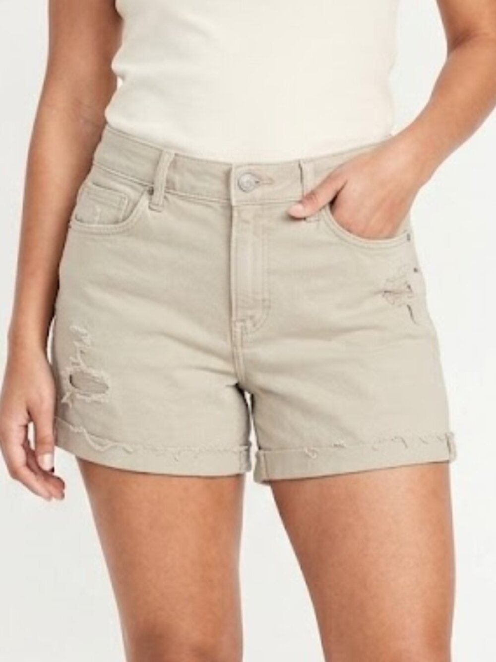 Old Navy Boyfriend Mid Rise Distressed Beige Denim Shorts Size 12